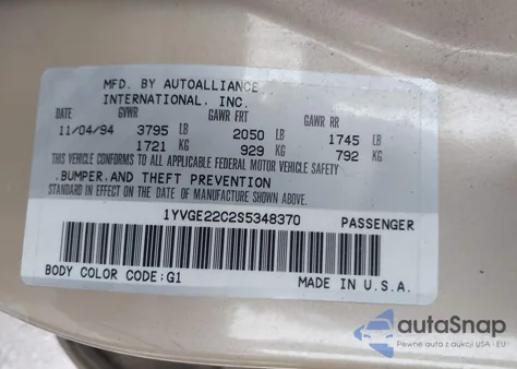 1995 Mazda 626 Dx/Lx from USA, damaged, VIN 1YVGE22C2S5348370